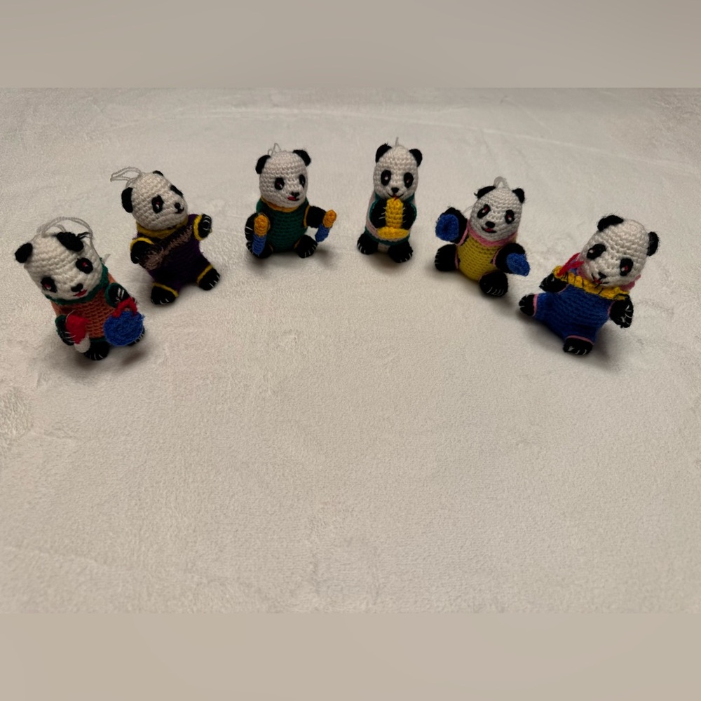 6 Vintage Handmade Crochet Panda Bear Christmas Ornaments